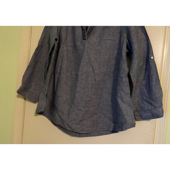 Artisan NY 1X 100% Linen Tunic Top Blue Long Sleeve Embroidered Boho Peasant Blo - Picture 9 of 13